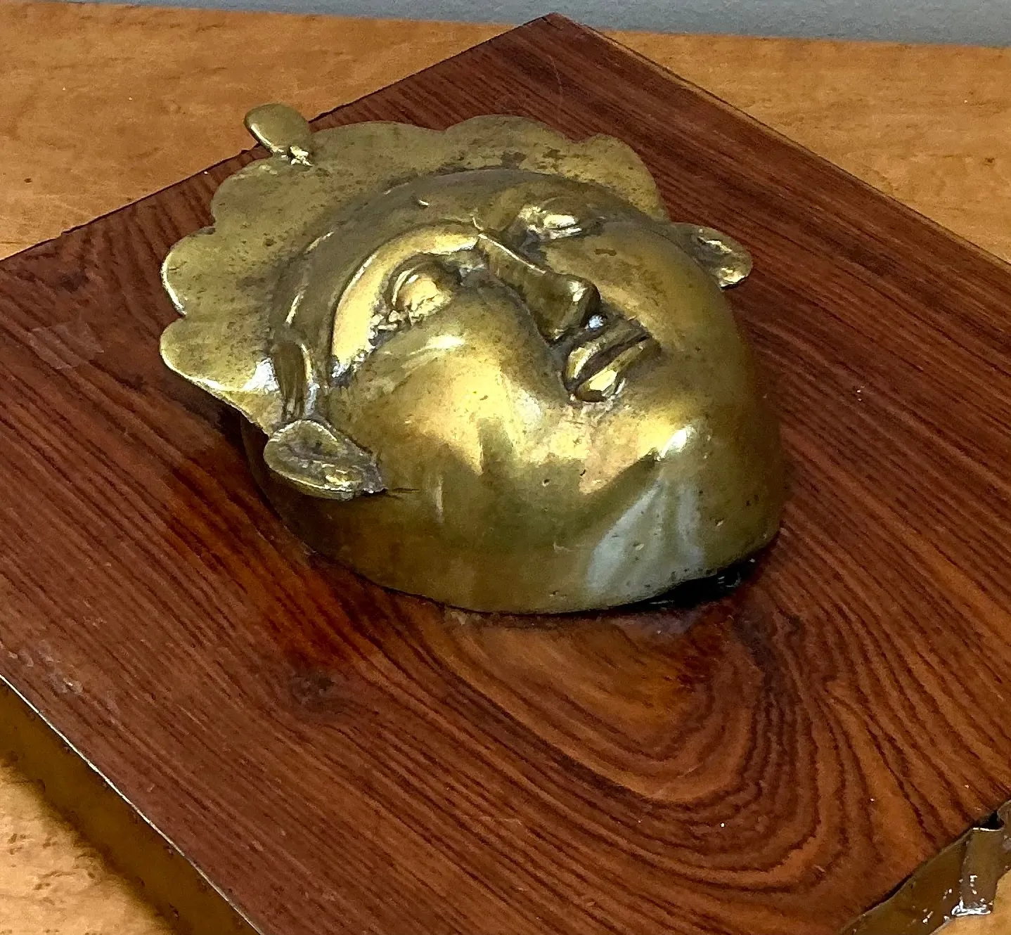 Vintage Brass Mask Mounted on Wood — additional photo 3