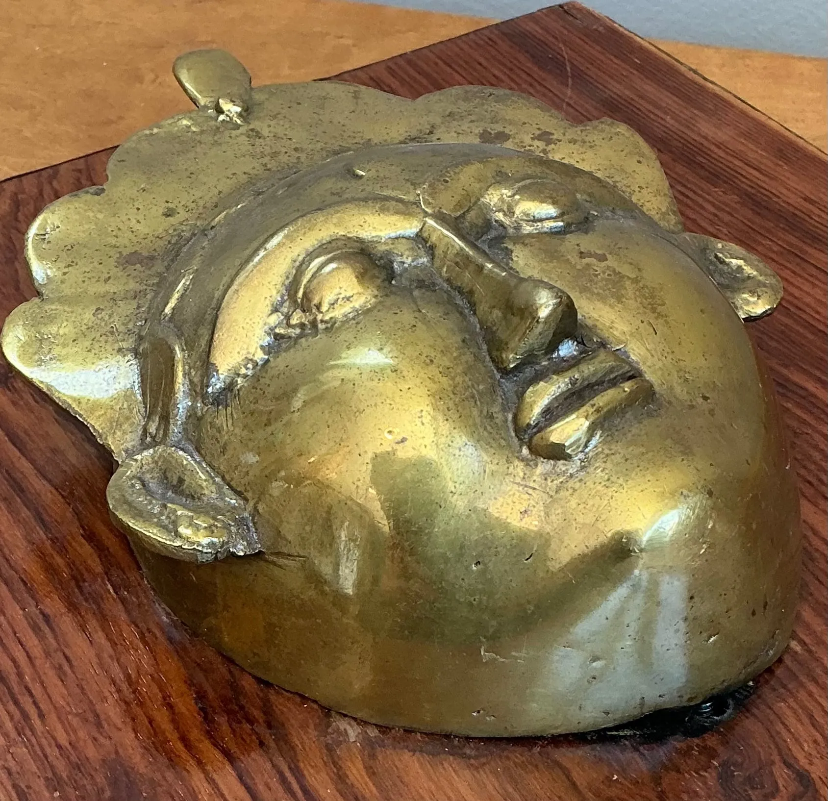 Vintage Brass Mask Mounted on Wood — additional photo 2