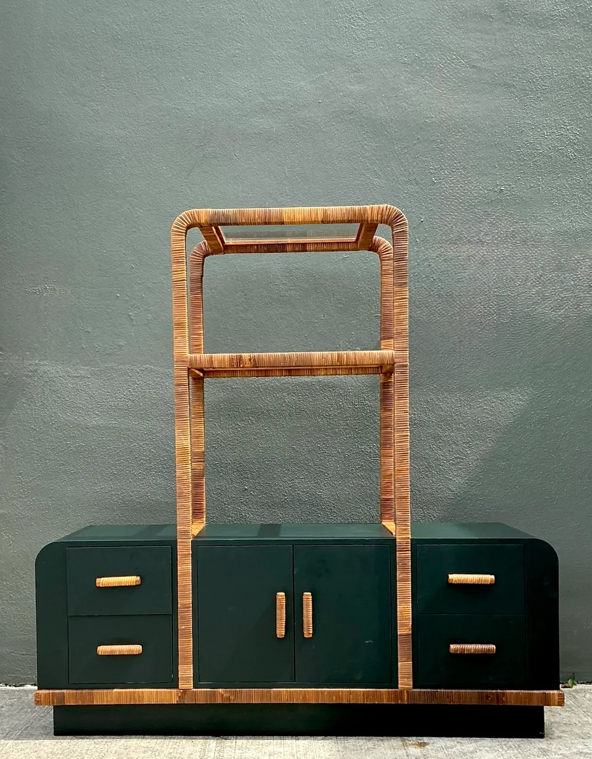 Vintage Wrapped Rattan Etagere And Laminate Credenza — additional photo 2
