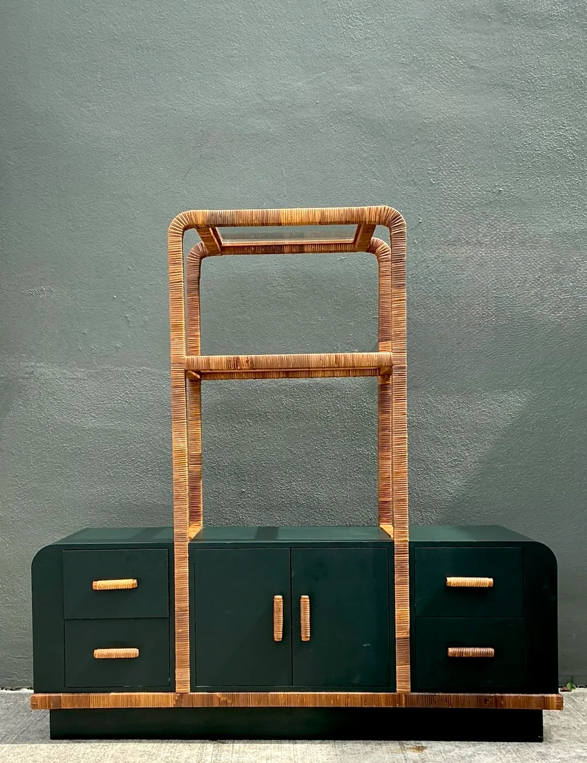 Vintage Wrapped Rattan Etagere And Laminate Credenza — additional photo 2