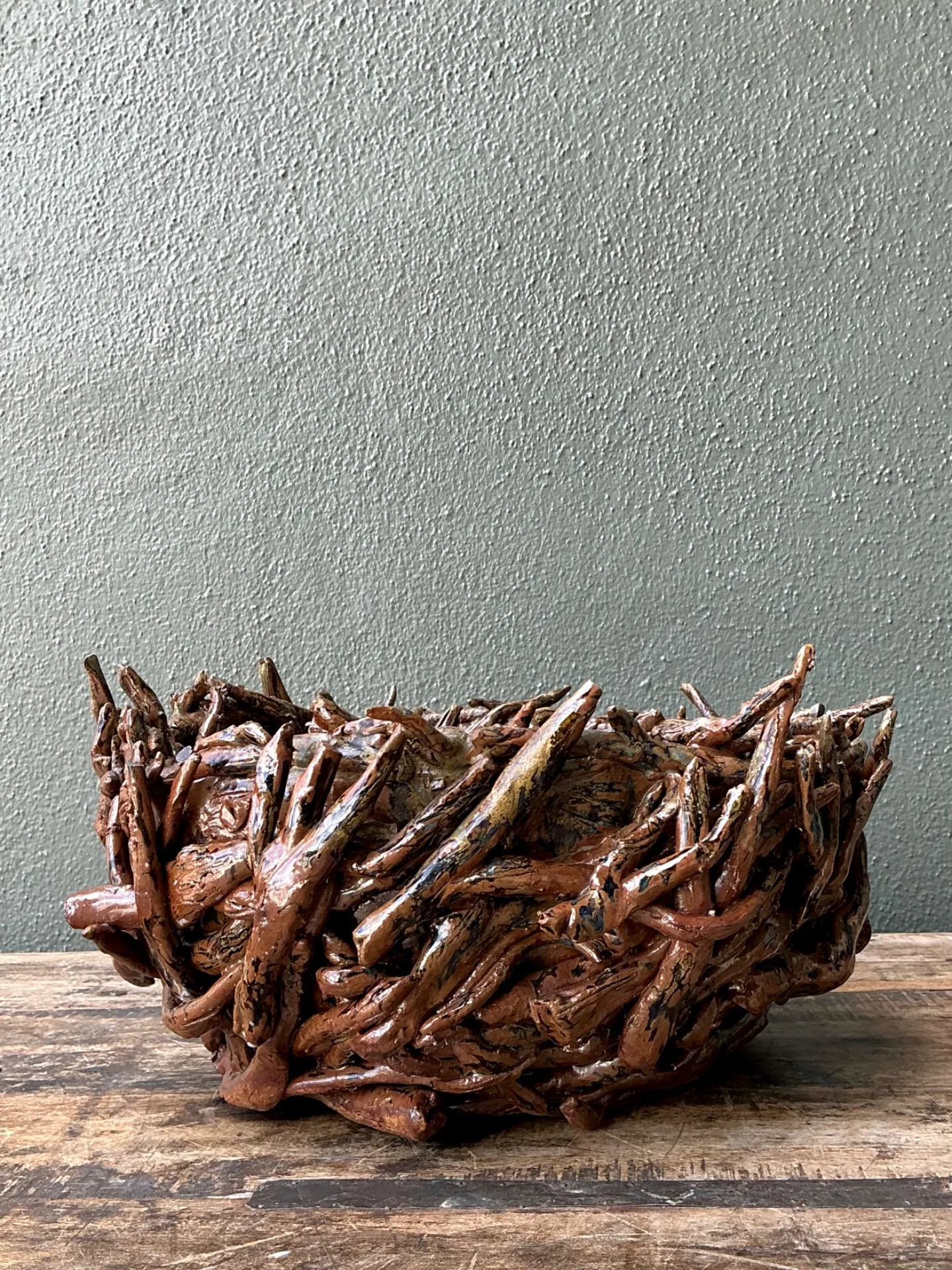 Vintage Rustic Brown Ceramic Twig Bowl — additional photo 7