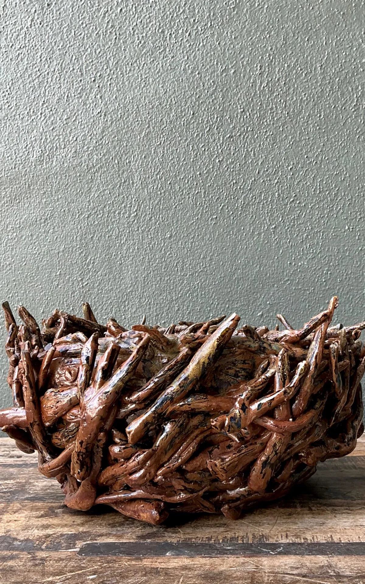 Vintage Rustic Brown Ceramic Twig Bowl — additional photo 7