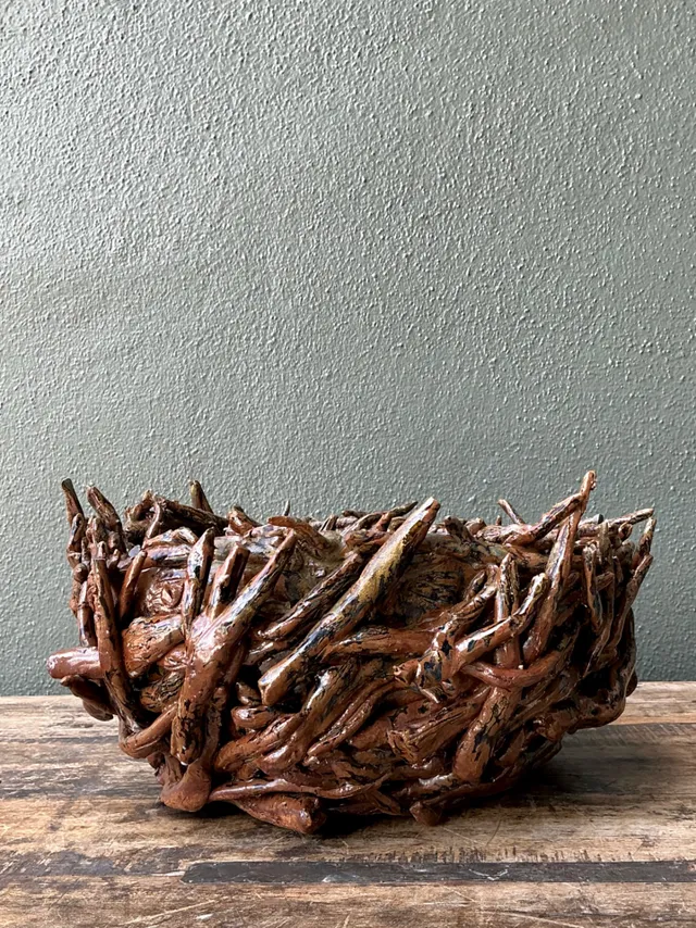 Vintage Rustic Brown Ceramic Twig Bowl — additional photo 7