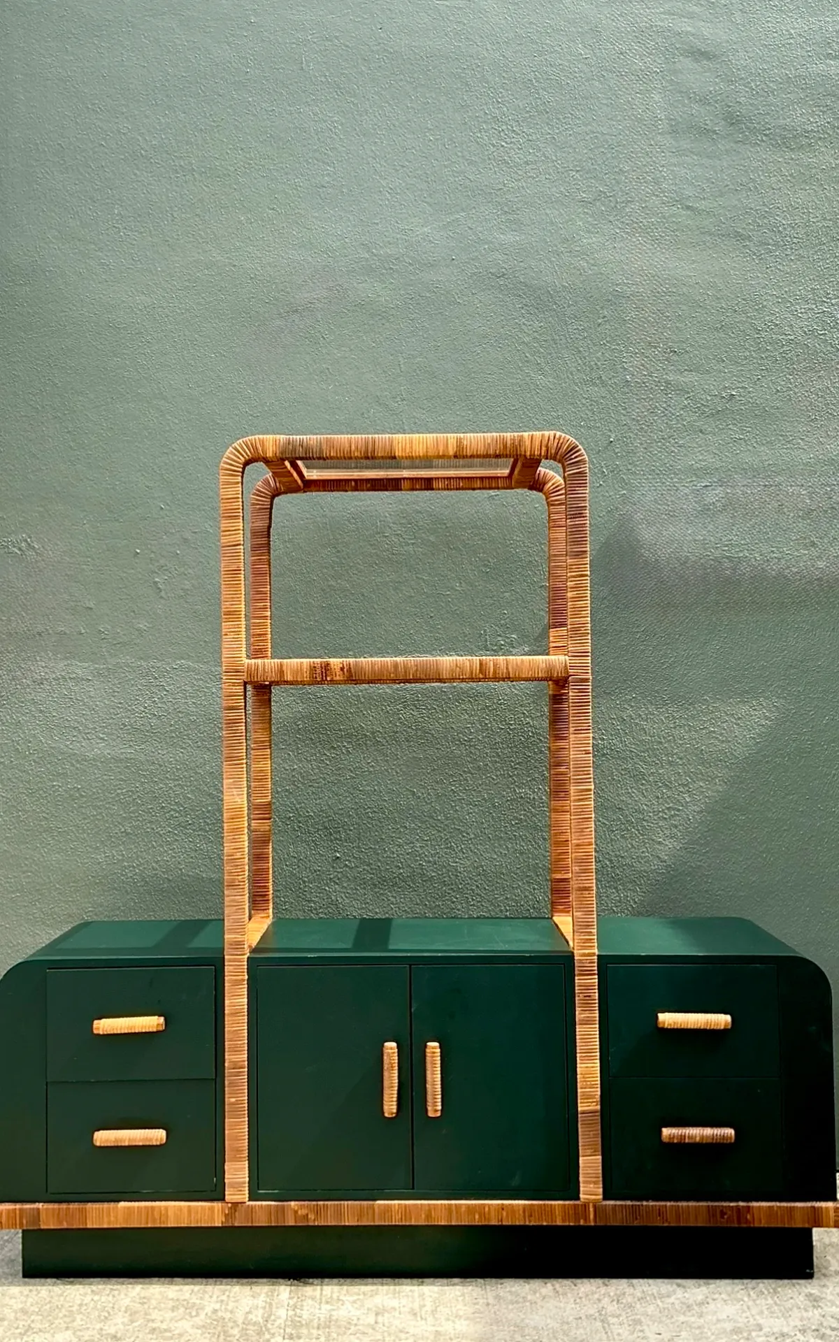 Vintage Wrapped Rattan Etagere And Laminate Credenza — additional photo 6