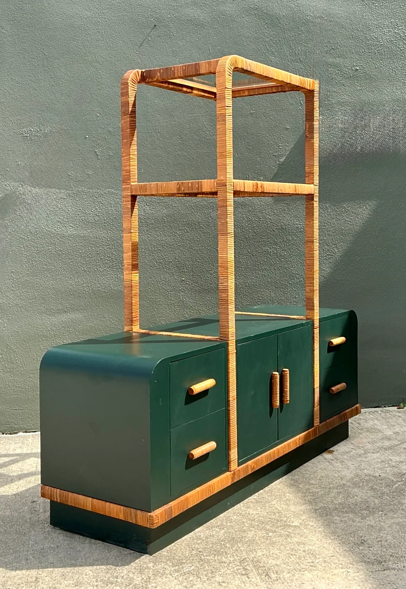 Vintage Wrapped Rattan Etagere And Laminate Credenza — additional photo 7