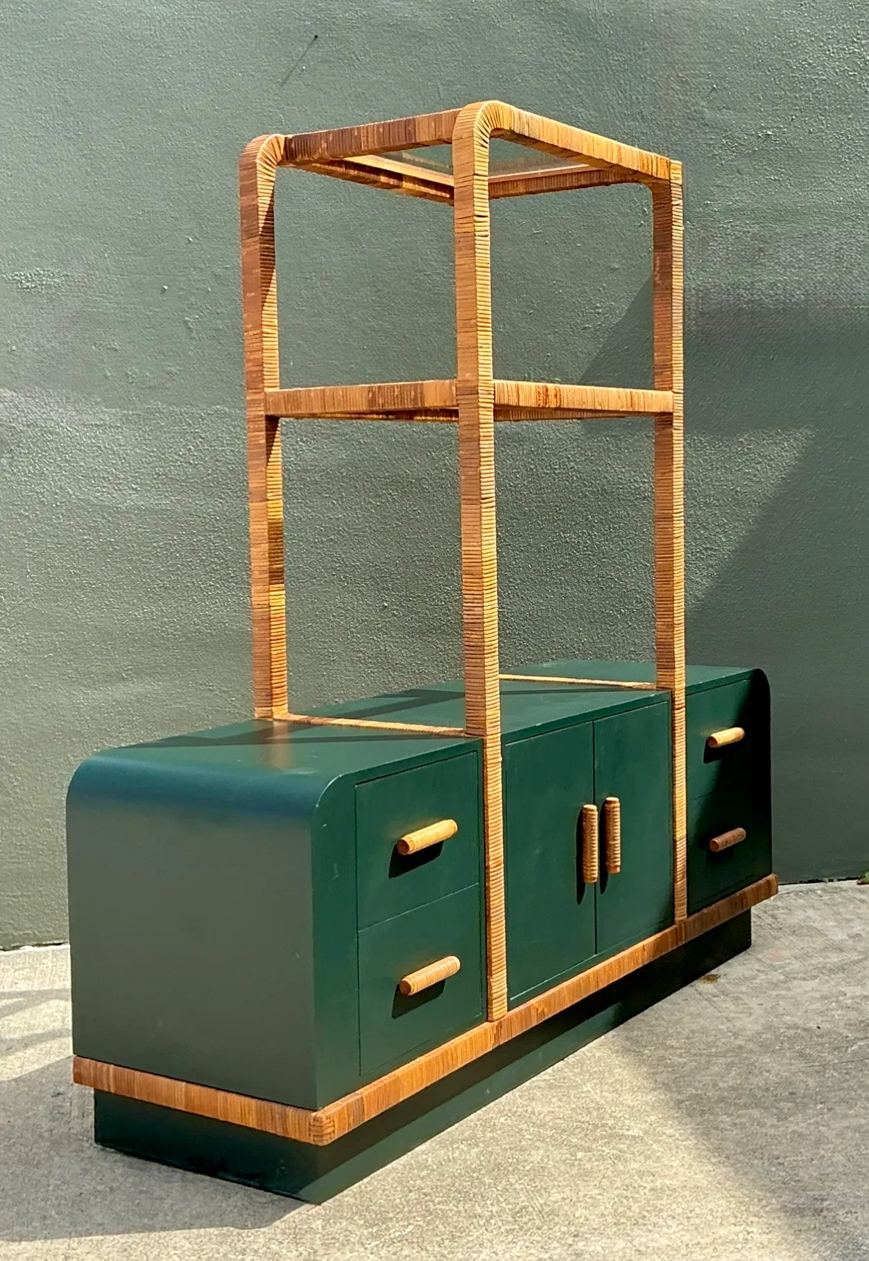Vintage Wrapped Rattan Etagere And Laminate Credenza — additional photo 1