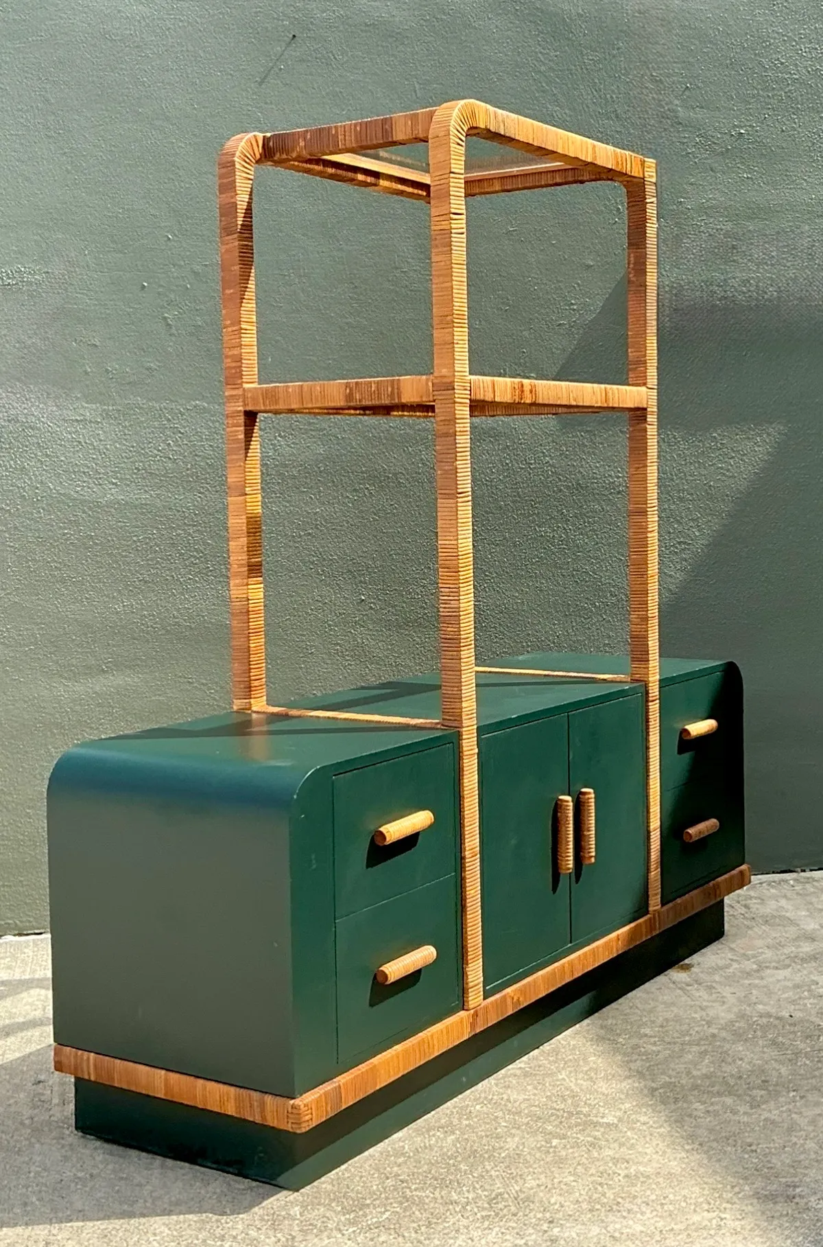 Vintage Wrapped Rattan Etagere And Laminate Credenza