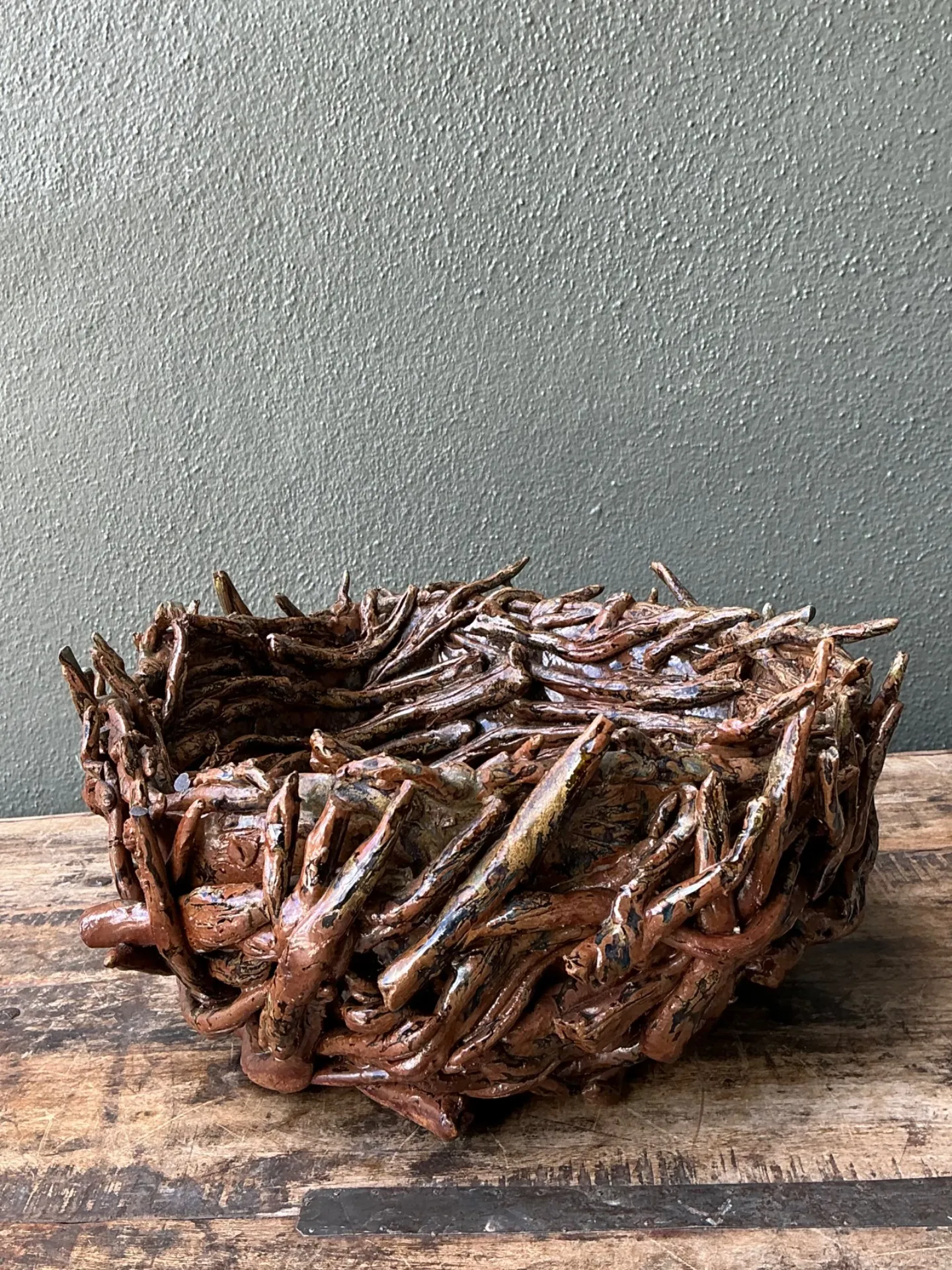 Vintage Rustic Brown Ceramic Twig Bowl — additional photo 6