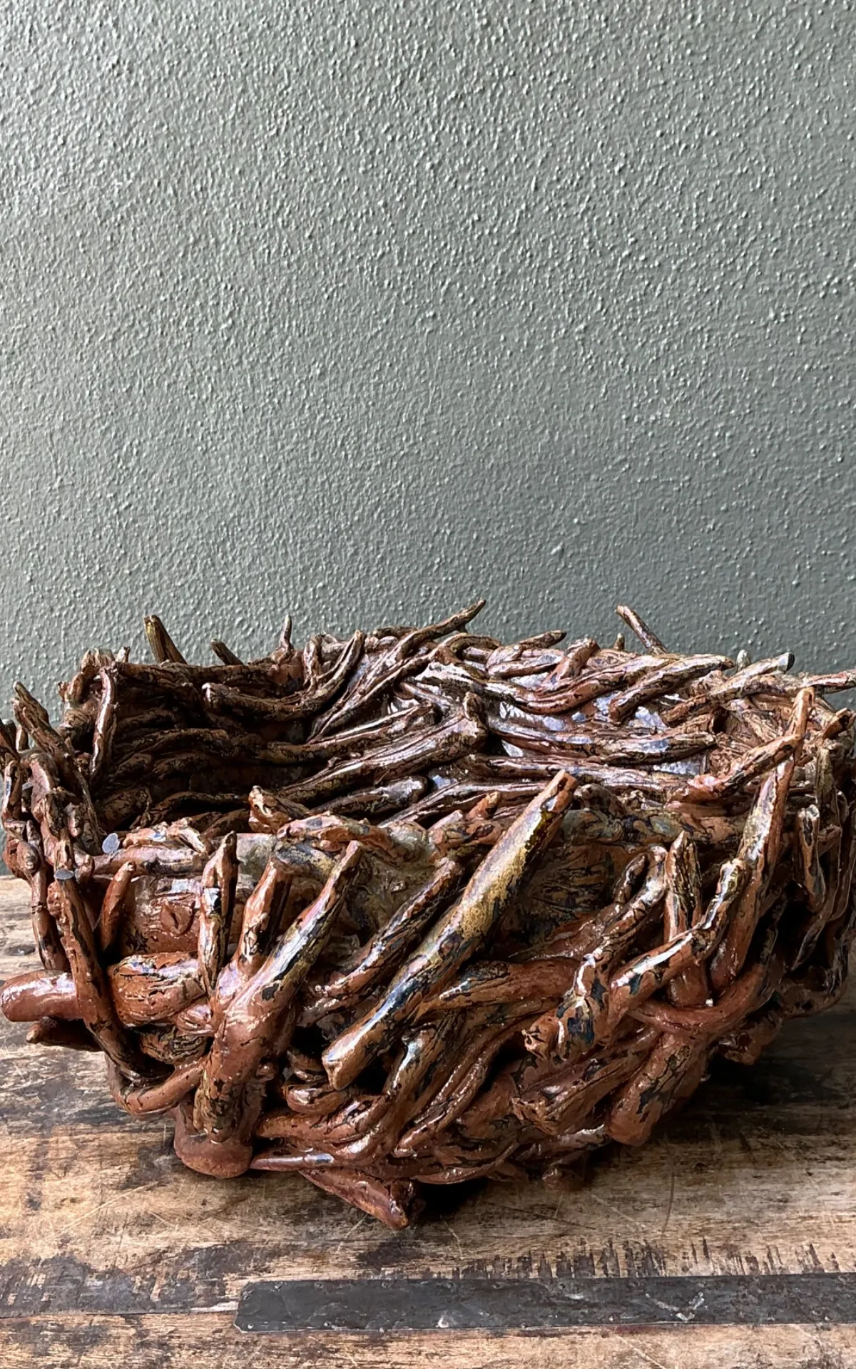 Vintage Rustic Brown Ceramic Twig Bowl — additional photo 6