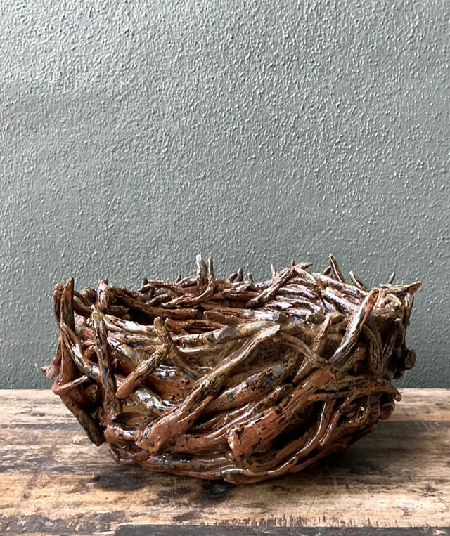 Vintage Rustic Brown Ceramic Twig Bowl — additional photo 4