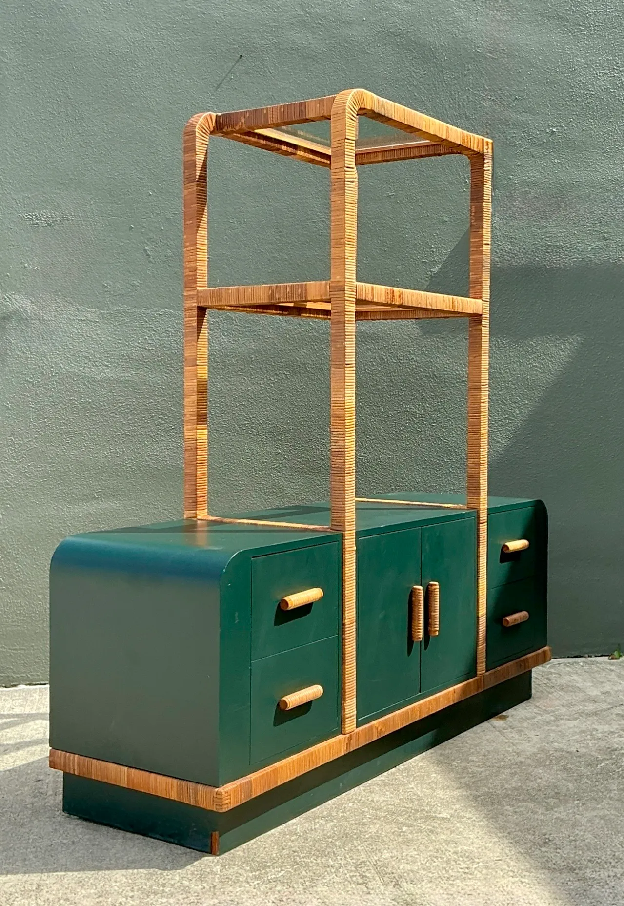 Vintage Wrapped Rattan Etagere And Laminate Credenza — additional photo 4