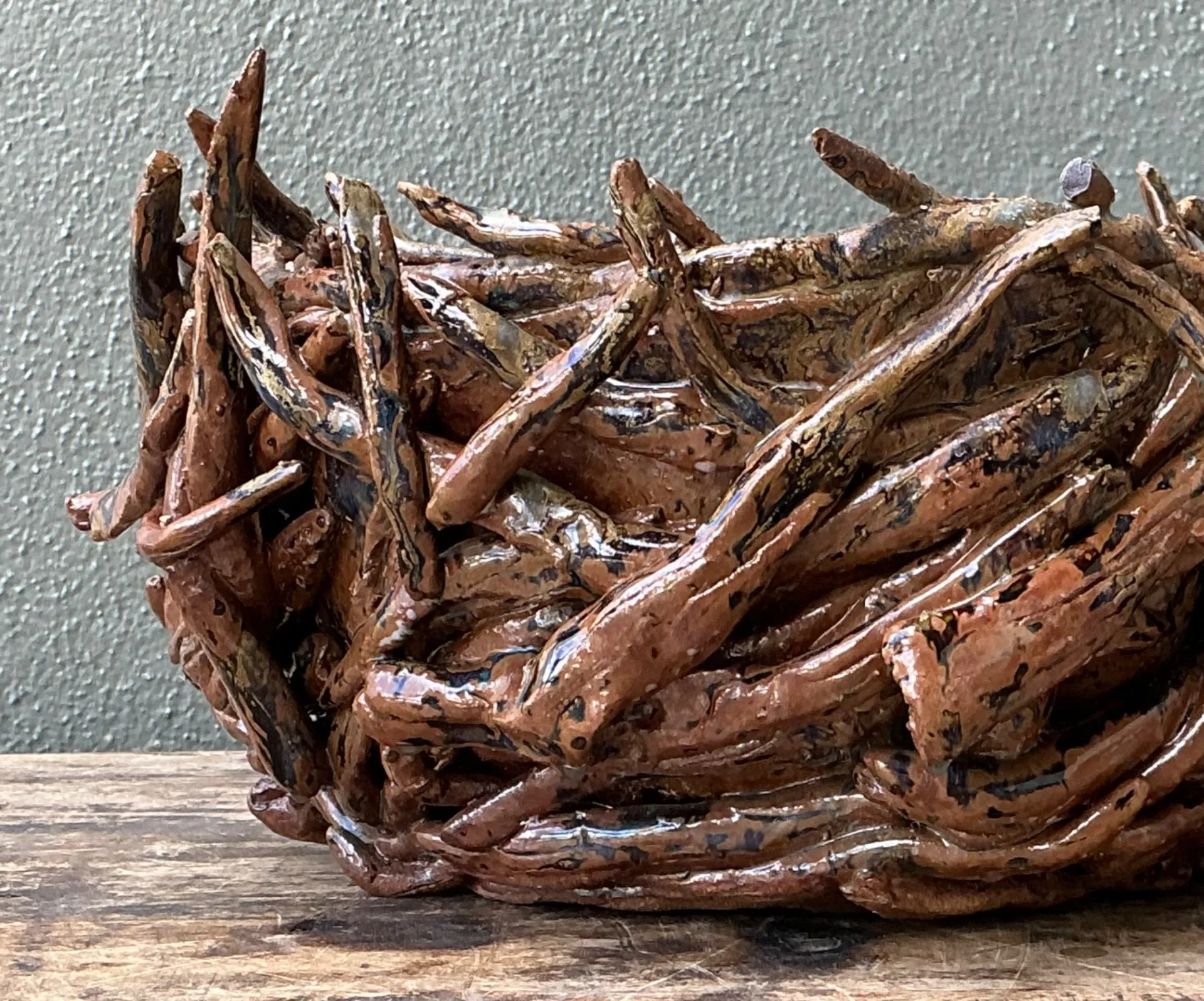 Vintage Rustic Brown Ceramic Twig Bowl — additional photo 2