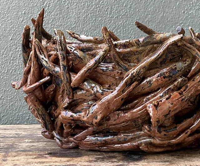 Vintage Rustic Brown Ceramic Twig Bowl — additional photo 2