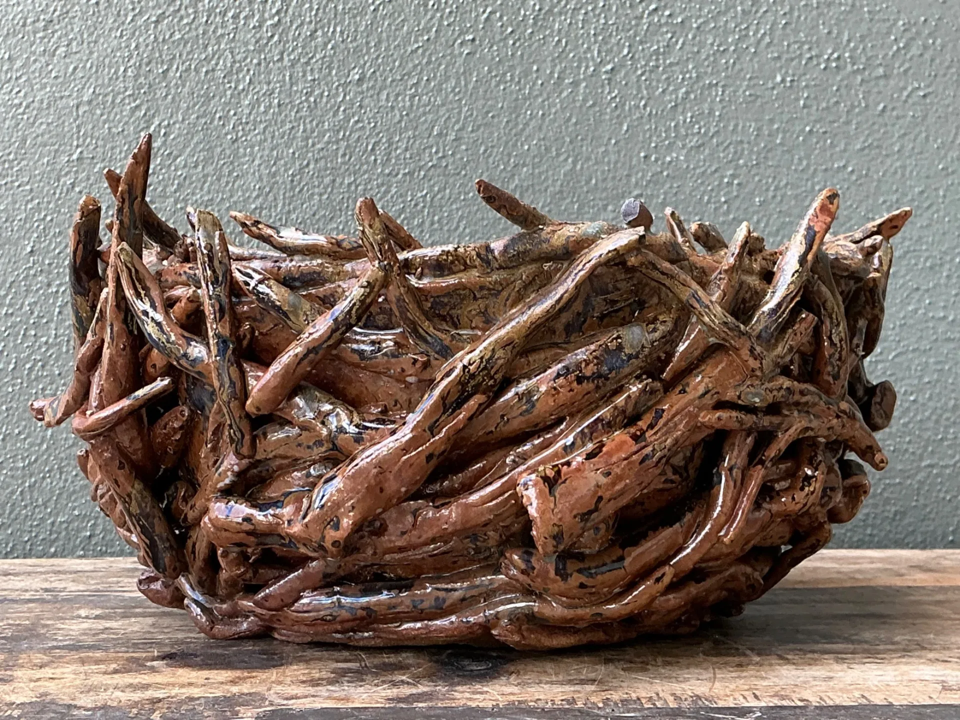 Vintage Rustic Brown Ceramic Twig Bowl — additional photo 1