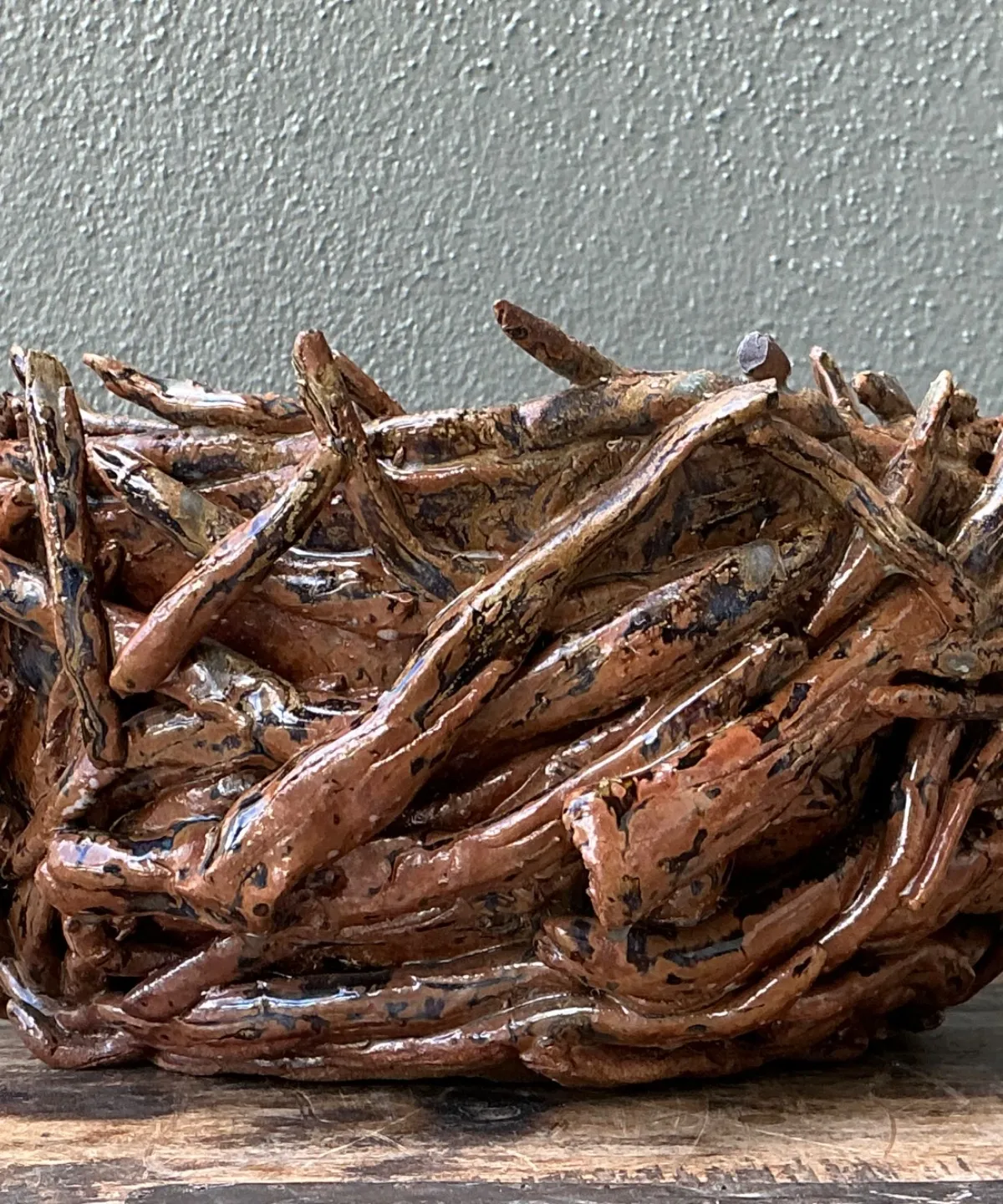Vintage Rustic Brown Ceramic Twig Bowl