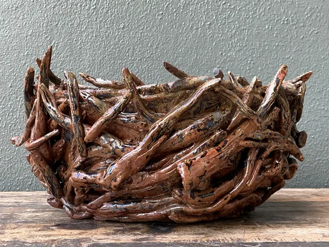 Vintage Rustic Brown Ceramic Twig Bowl — additional photo 1