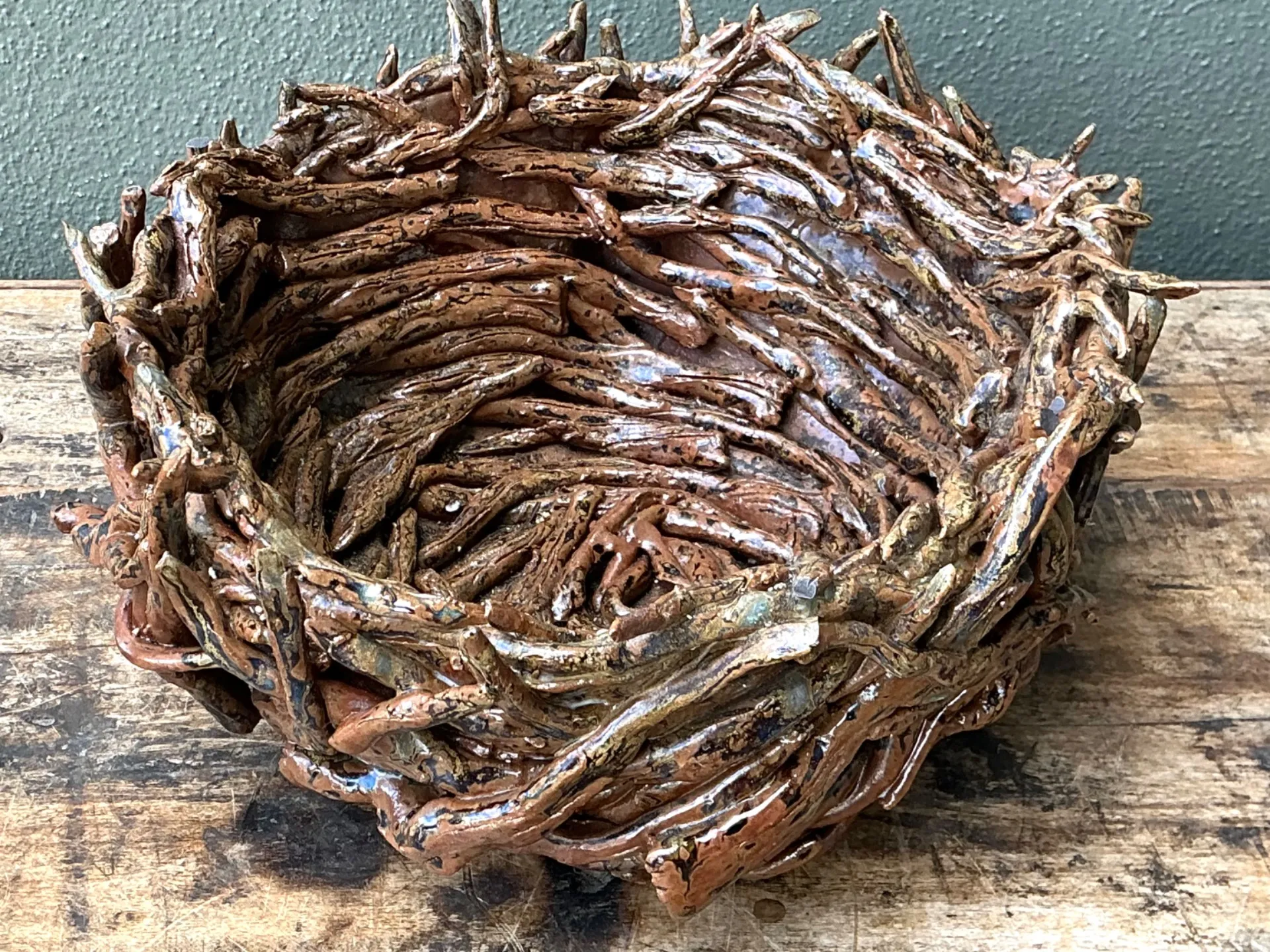 Vintage Rustic Brown Ceramic Twig Bowl — additional photo 5
