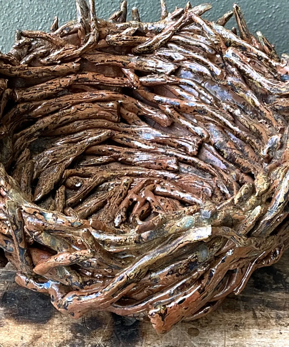 Vintage Rustic Brown Ceramic Twig Bowl — additional photo 5