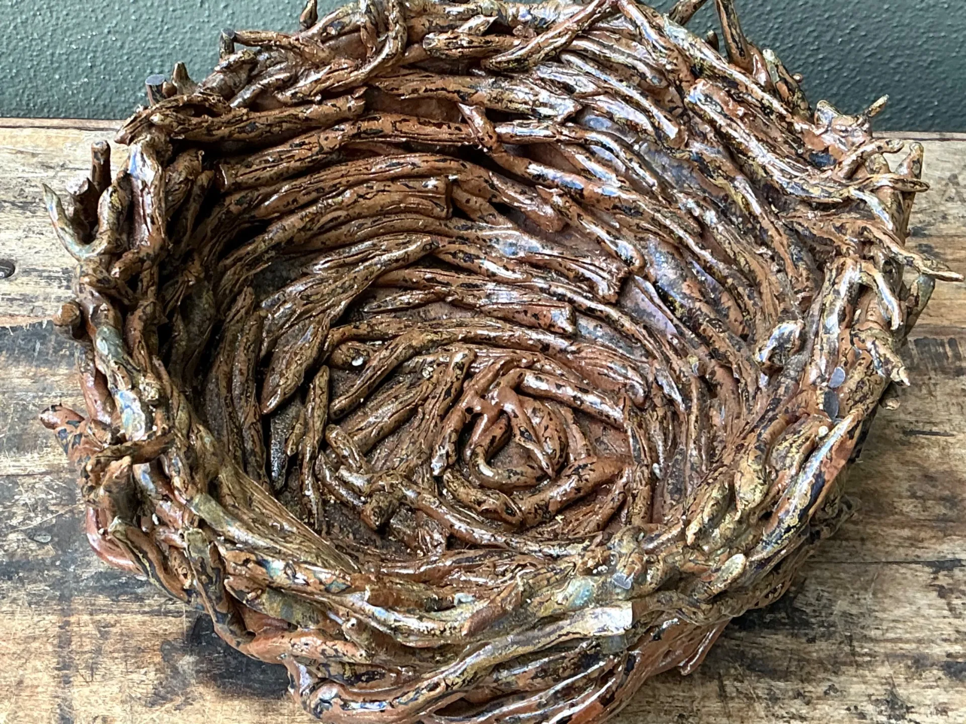 Vintage Rustic Brown Ceramic Twig Bowl — additional photo 3