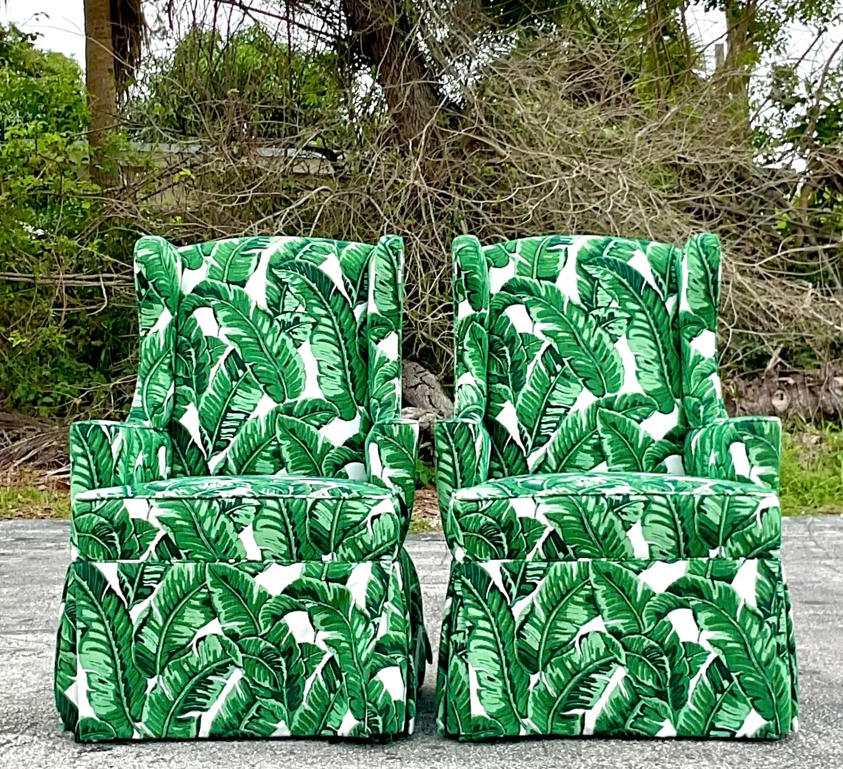 Vintage Coastal Palm Frond Skirted Wingback Chairs - a Pair — additional photo 6