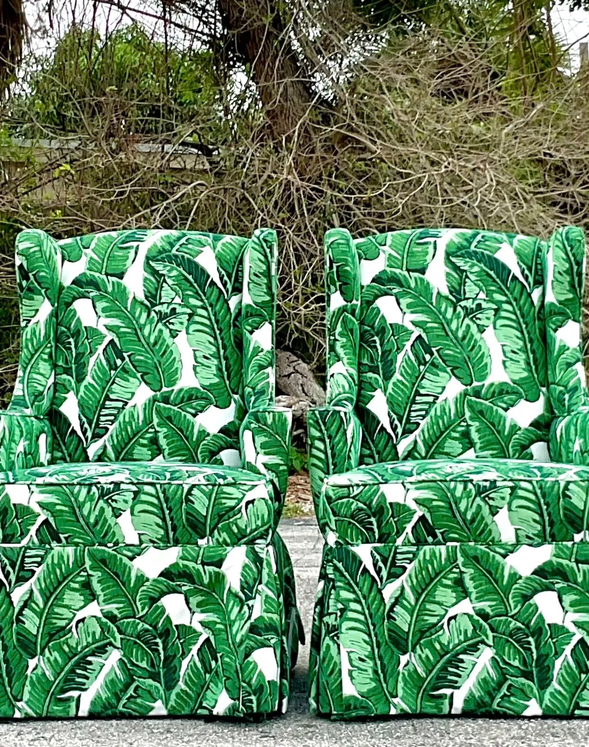 Vintage Coastal Palm Frond Skirted Wingback Chairs - a Pair — additional photo 5