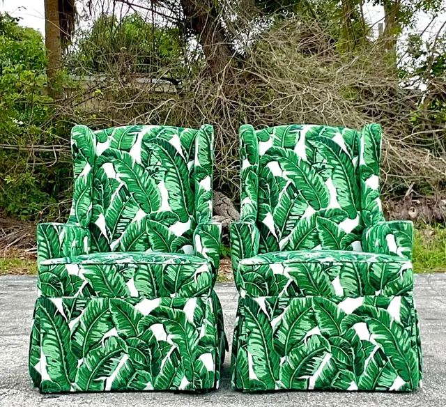 Vintage Coastal Palm Frond Skirted Wingback Chairs - a Pair — additional photo 6