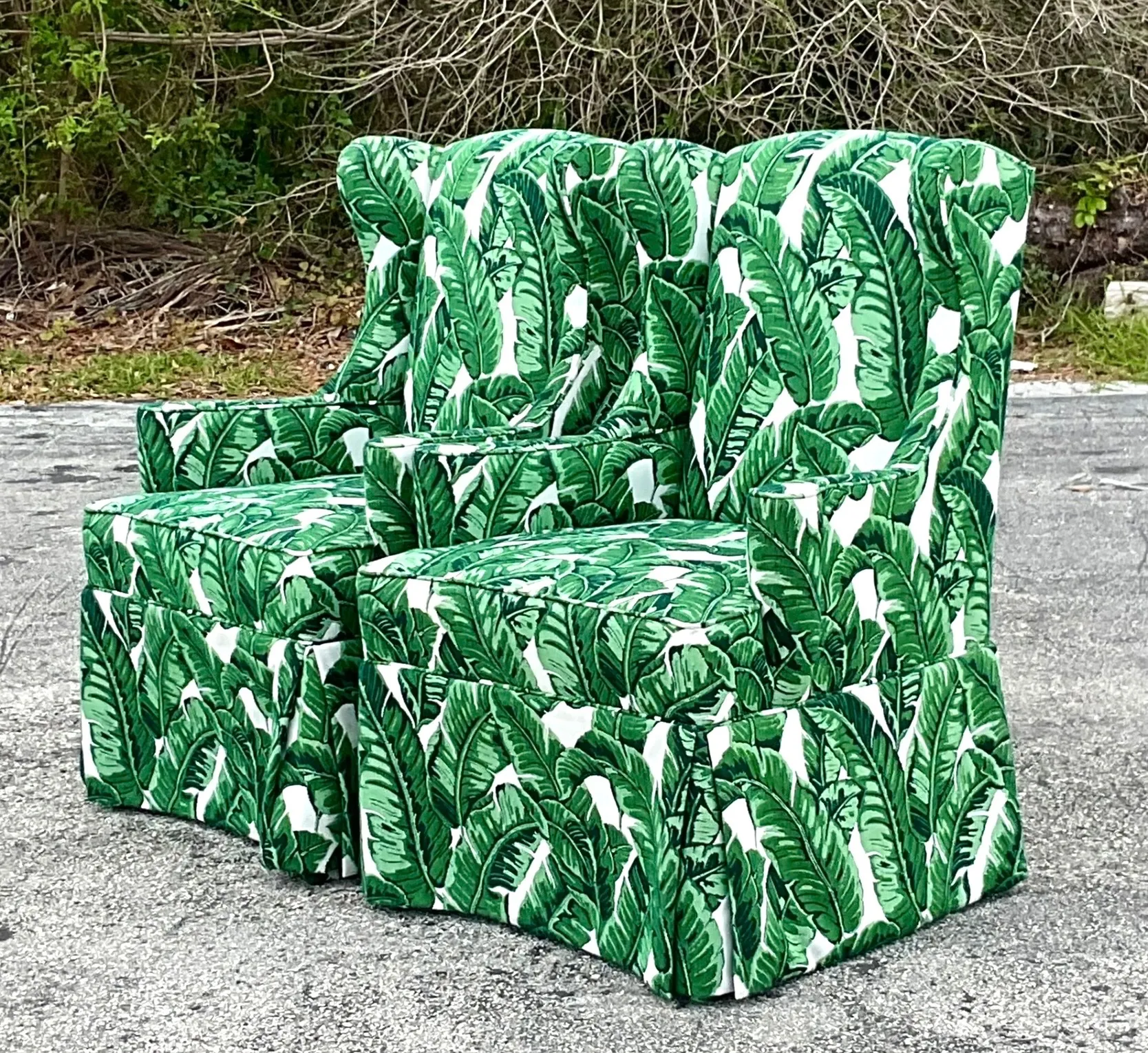 Vintage Coastal Palm Frond Skirted Wingback Chairs - a Pair — additional photo 8