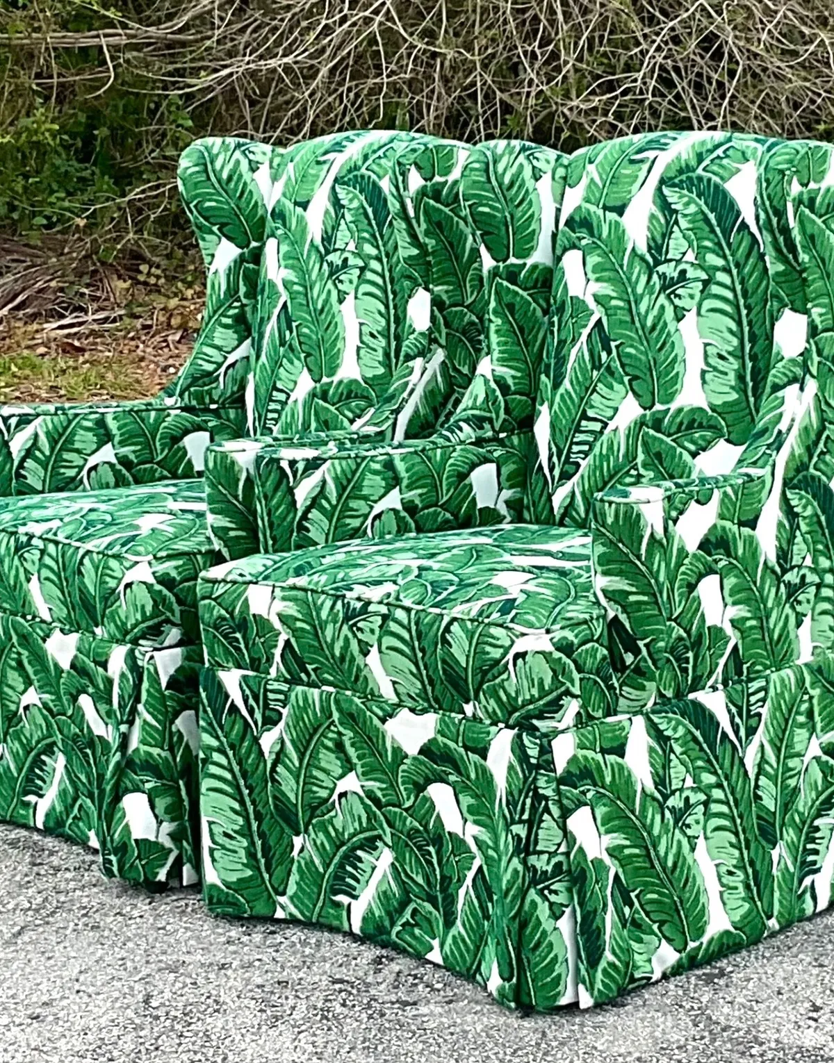Vintage Coastal Palm Frond Skirted Wingback Chairs - a Pair — additional photo 7