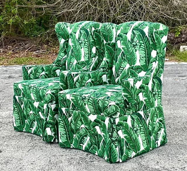 Vintage Coastal Palm Frond Skirted Wingback Chairs - a Pair — additional photo 8