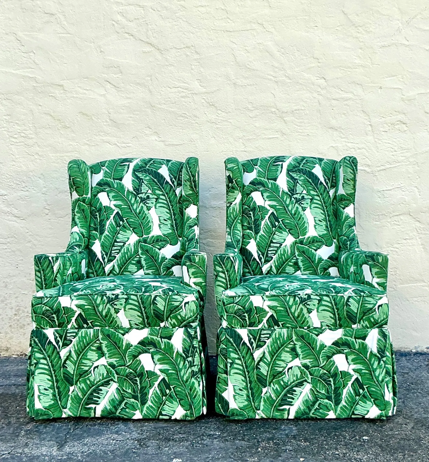 Vintage Coastal Palm Frond Skirted Wingback Chairs - a Pair — additional photo 4