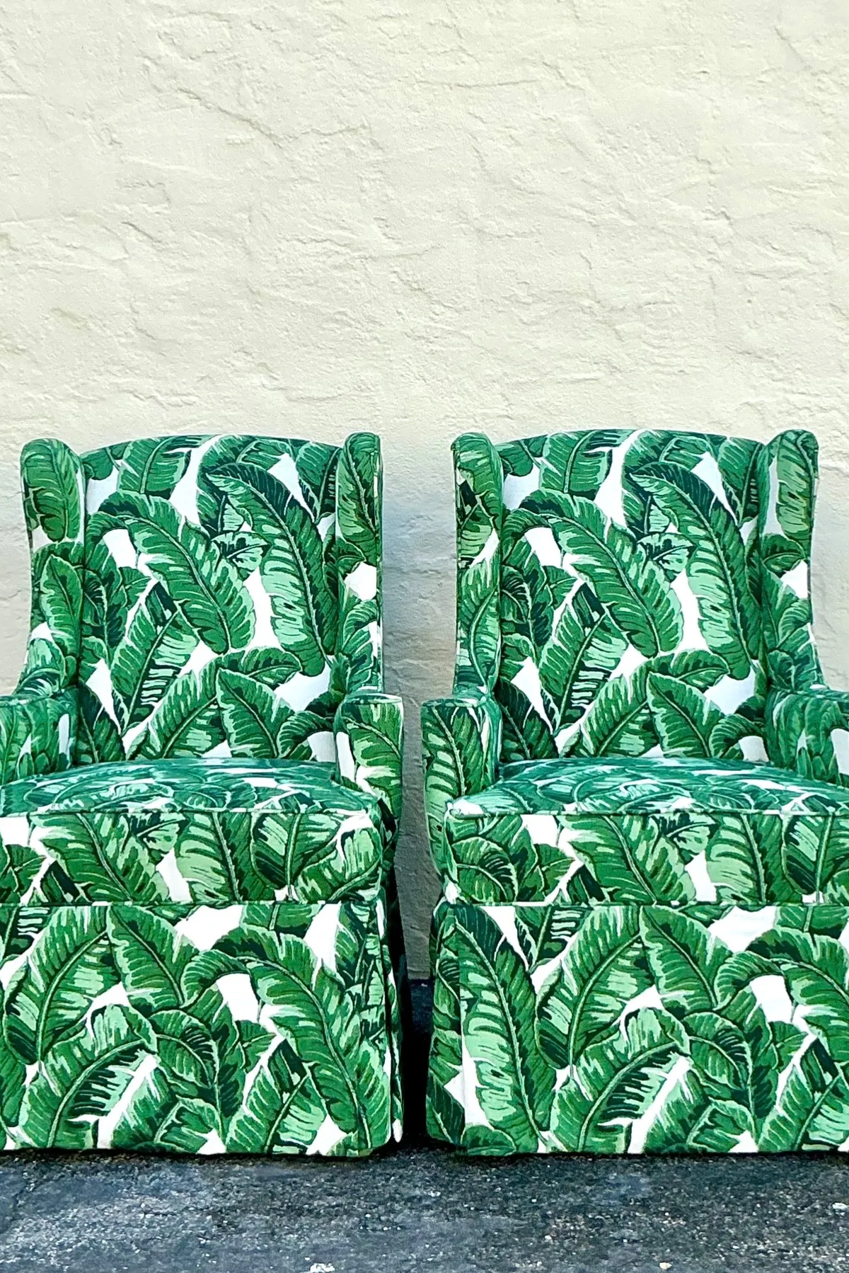 Vintage Coastal Palm Frond Skirted Wingback Chairs - a Pair — additional photo 3