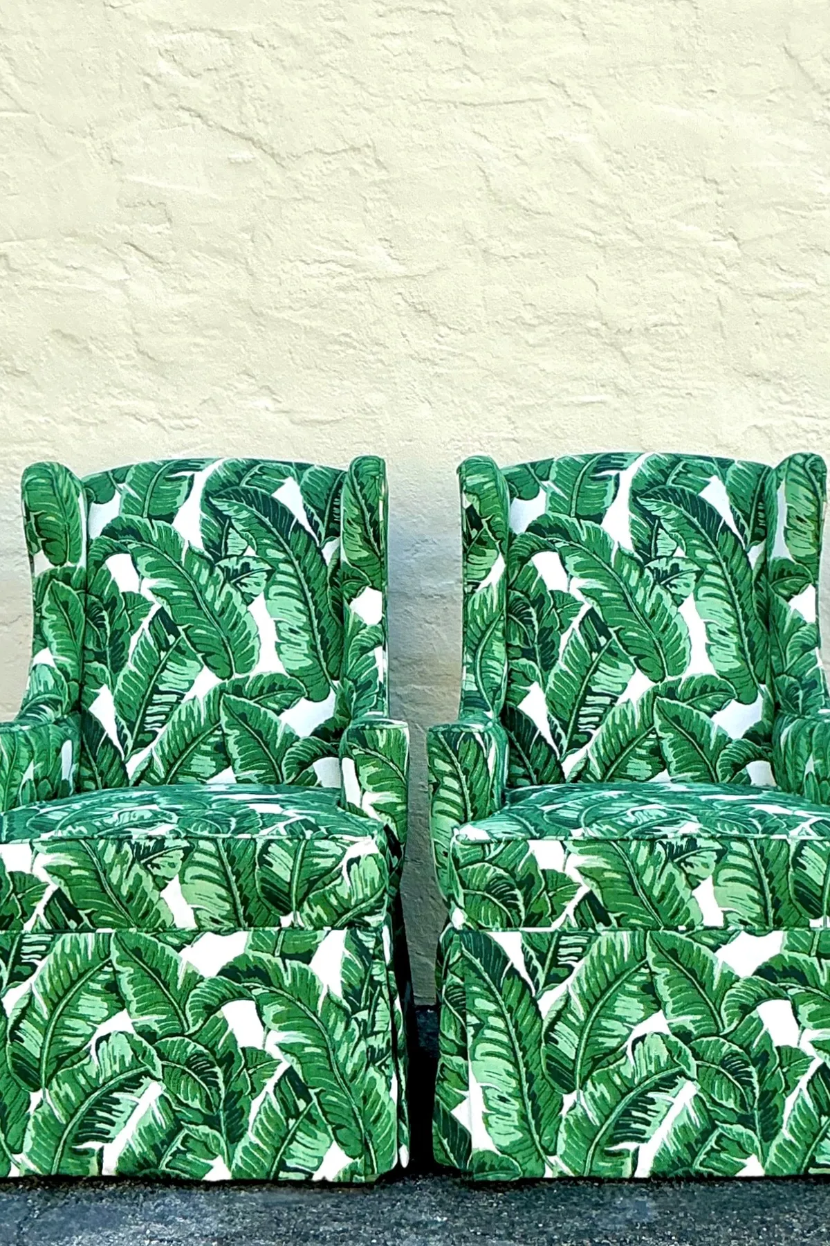 Vintage Coastal Palm Frond Skirted Wingback Chairs - a Pair — additional photo 4