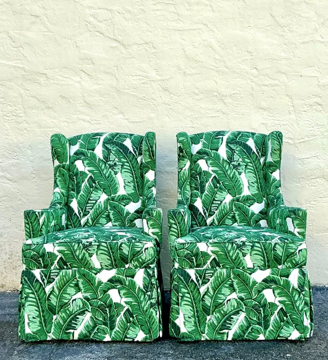 Vintage Coastal Palm Frond Skirted Wingback Chairs - a Pair — additional photo 5