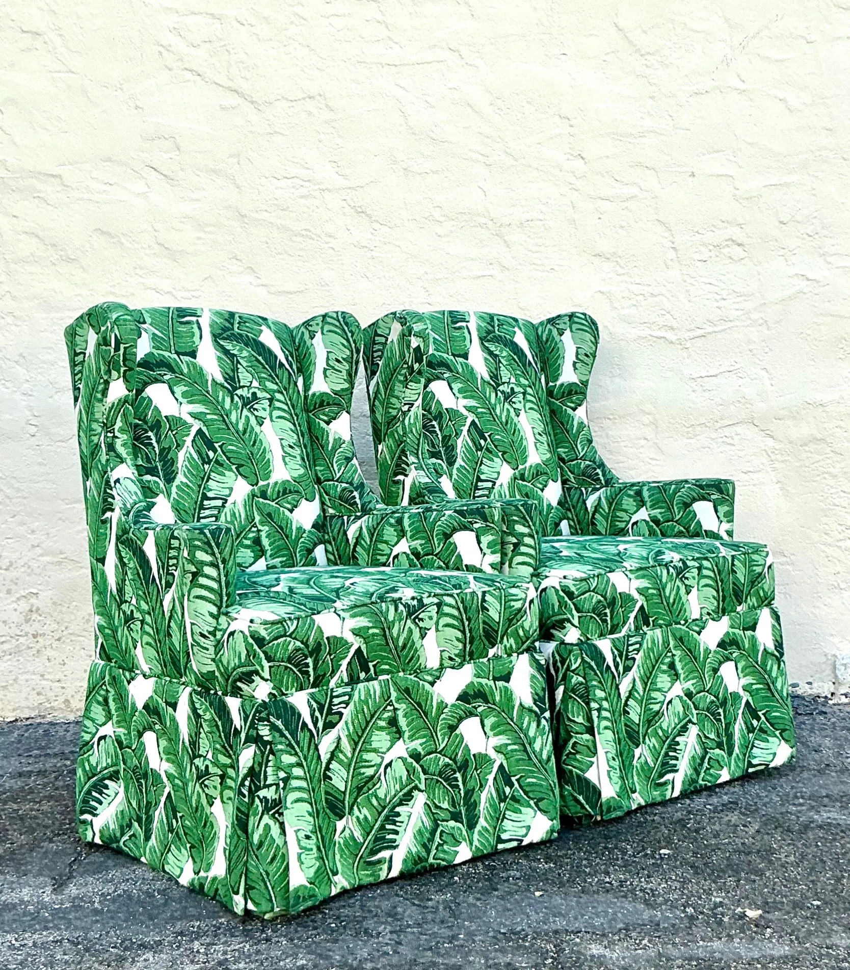 Vintage Coastal Palm Frond Skirted Wingback Chairs - a Pair — additional photo 3