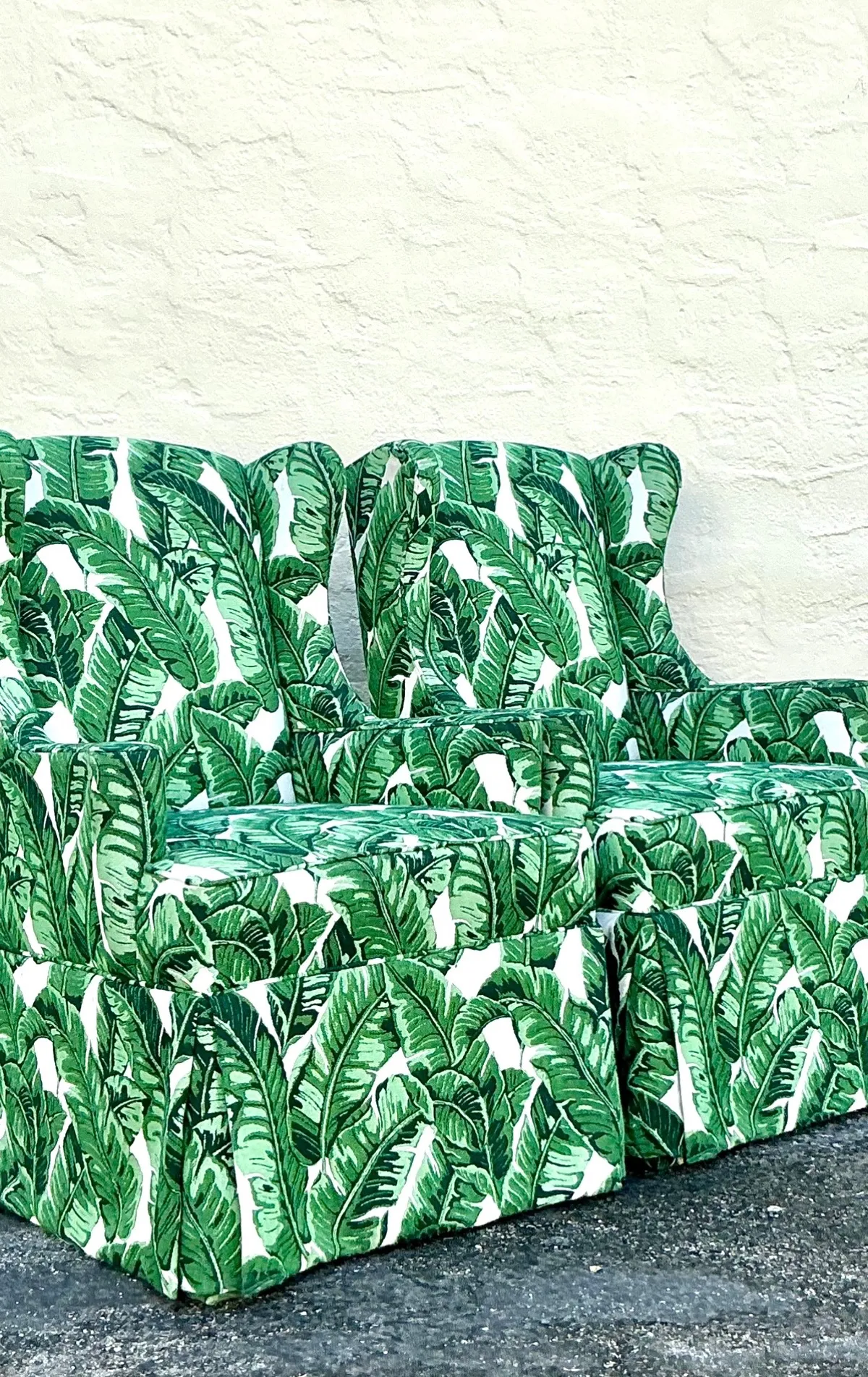 Vintage Coastal Palm Frond Skirted Wingback Chairs - a Pair — additional photo 2