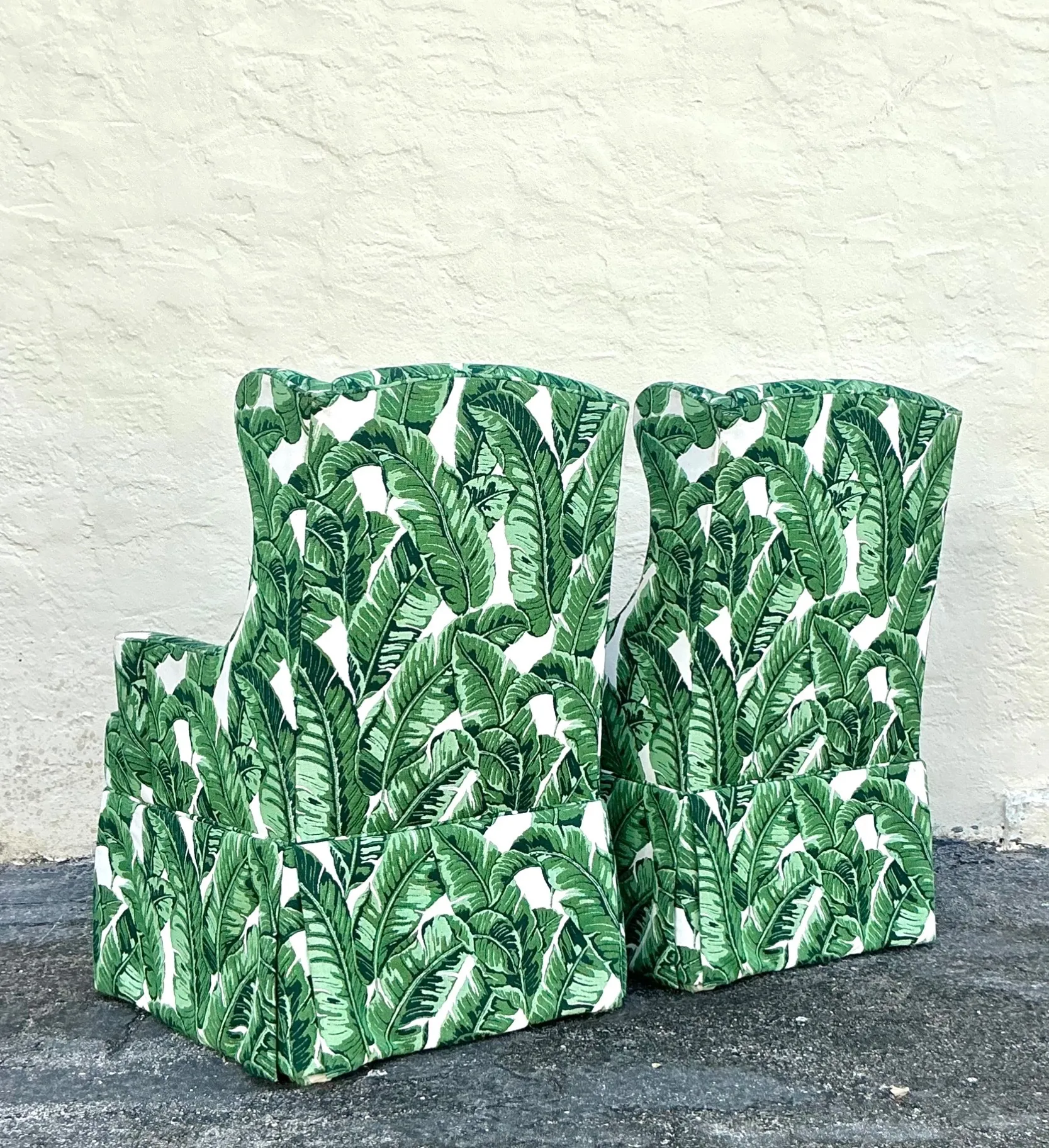Vintage Coastal Palm Frond Skirted Wingback Chairs - a Pair — additional photo 7