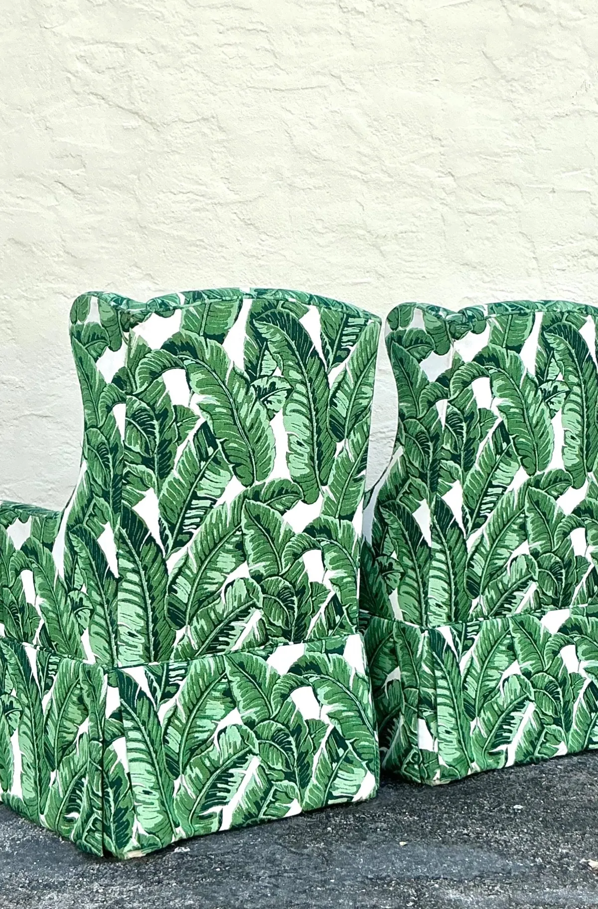 Vintage Coastal Palm Frond Skirted Wingback Chairs - a Pair — additional photo 6
