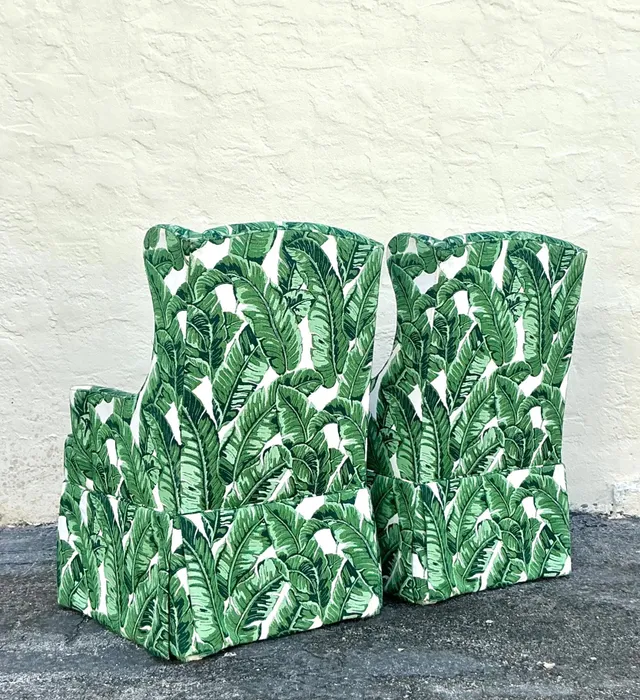 Vintage Coastal Palm Frond Skirted Wingback Chairs - a Pair — additional photo 7