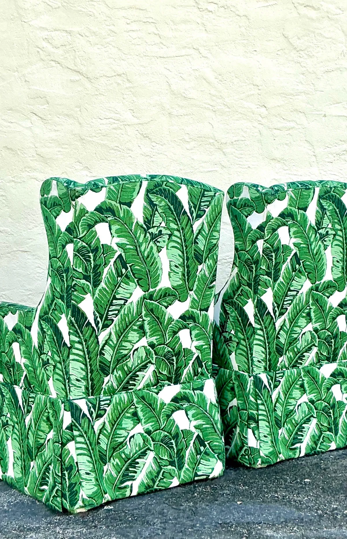 Vintage Coastal Palm Frond Skirted Wingback Chairs - a Pair — additional photo 1