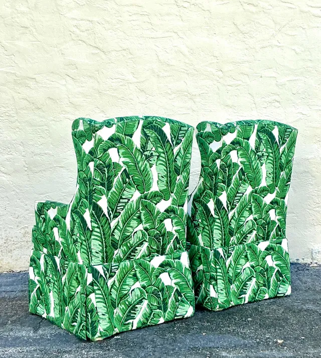 Vintage Coastal Palm Frond Skirted Wingback Chairs - a Pair — additional photo 2