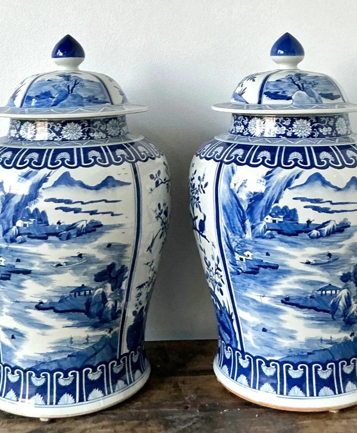 Vintage Boho Monumental Blue and White Lidded Ginger Jars - A Pair - Side view