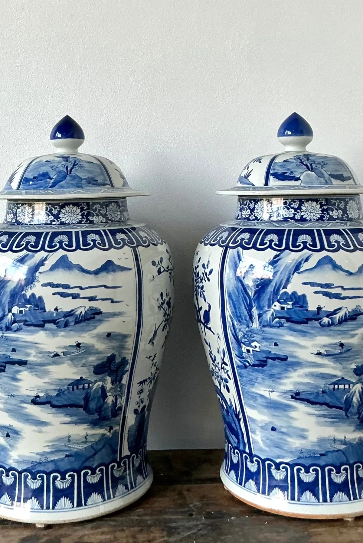 Vintage Boho Monumental Blue and White Lidded Ginger Jars - A Pair - Close-up view