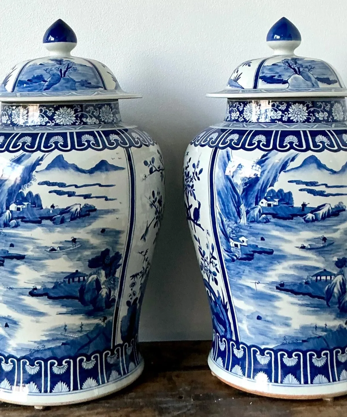 Vintage Boho Monumental Blue and White Lidded Ginger Jars - A Pair - Top view