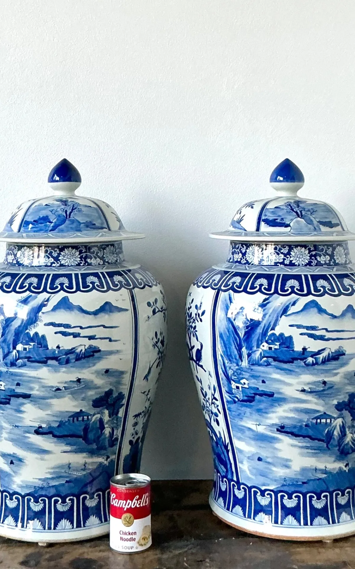 Vintage Boho Monumental Blue and White Lidded Ginger Jars - A Pair - Back view