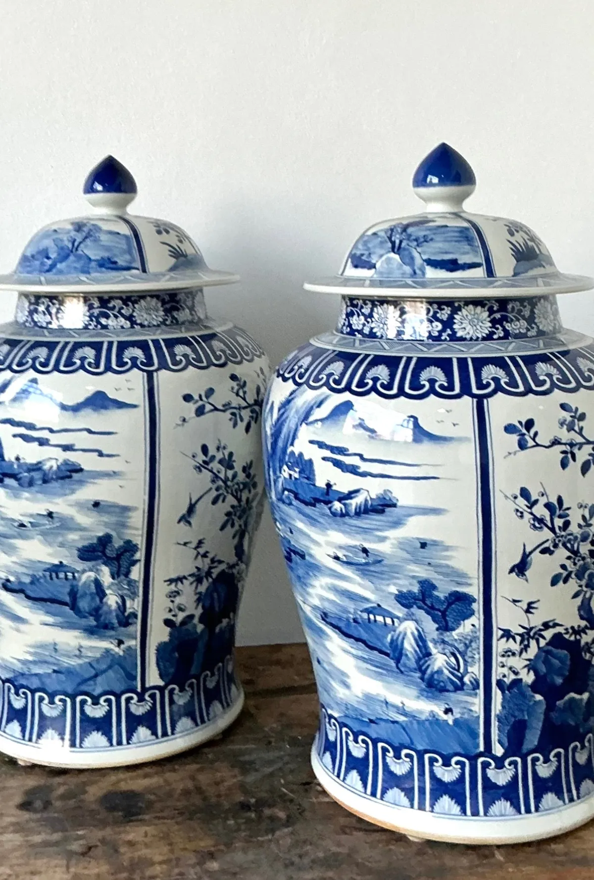 Vintage Boho Monumental Blue and White Lidded Ginger Jars - A Pair - Detail view