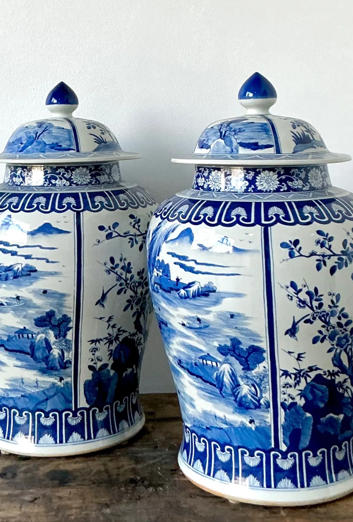 Vintage Boho Monumental Blue and White Lidded Ginger Jars - A Pair - Angle view