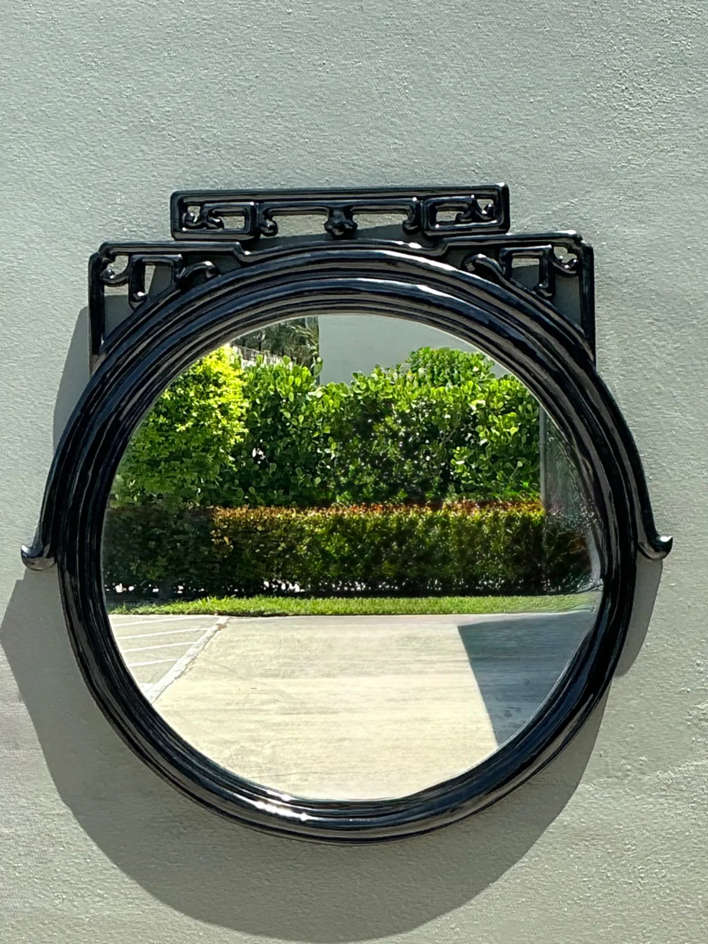 Vintage Black Lacquered Fretwork Round Wall Mirror — additional photo 2