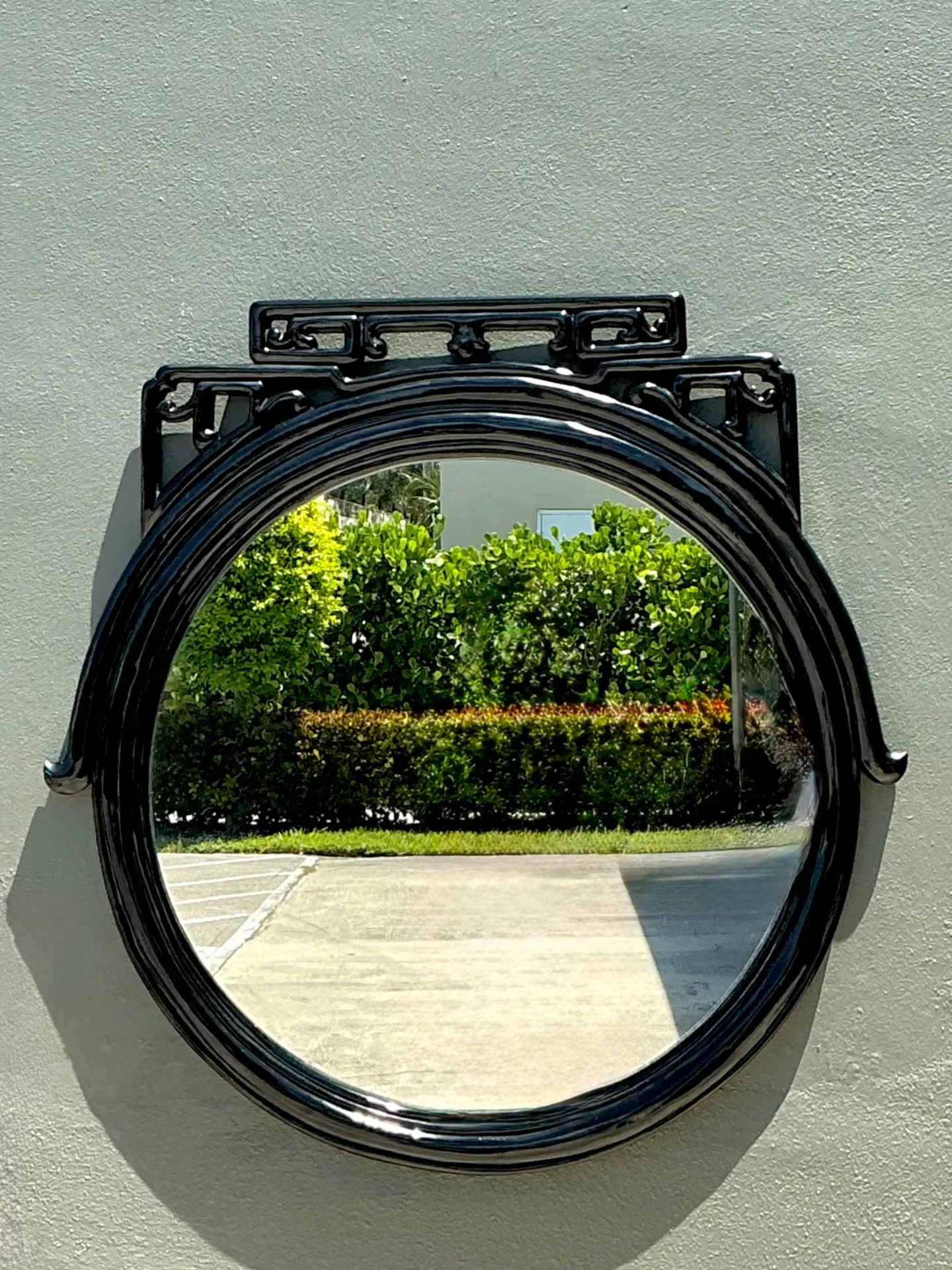 Vintage Black Lacquered Fretwork Round Wall Mirror — additional photo 1