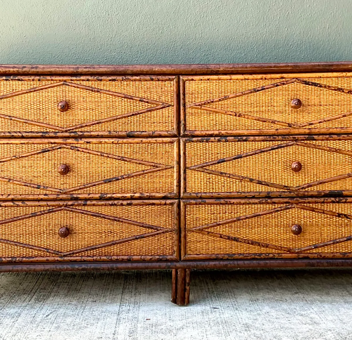 Vintage Diamond Rattan and Wood Six-Drawer Dresser