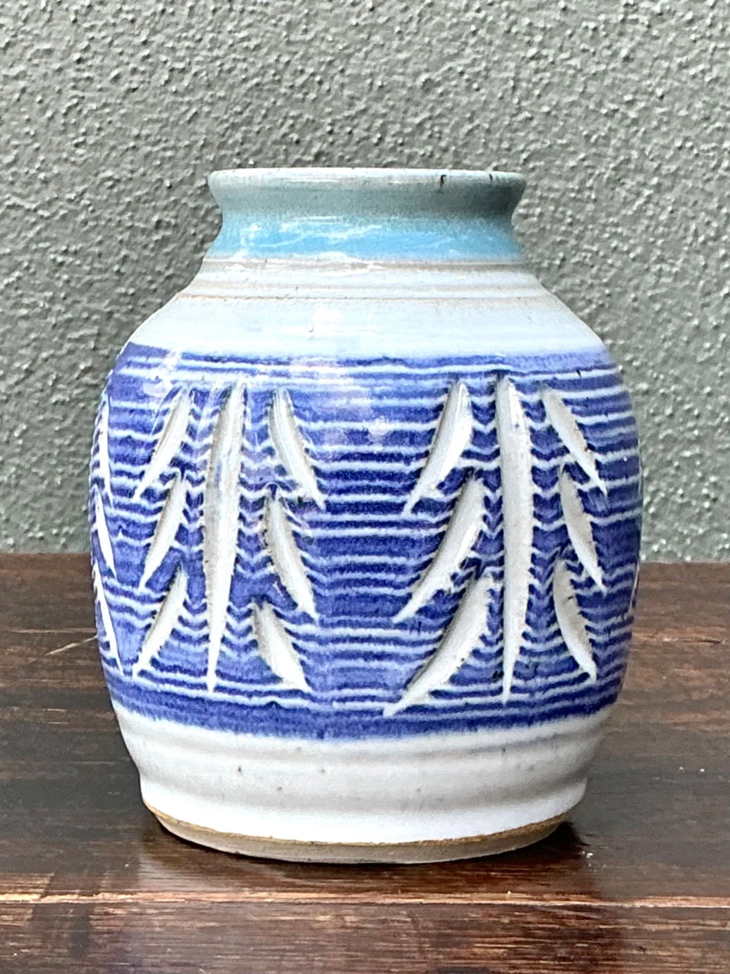 Handcrafted Blue Ceramic Leaf Motif Vase — additional photo 3